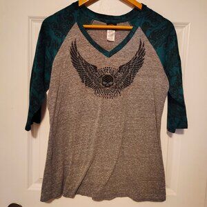 Harley Davidson Motorcycles T Shirt Tee Baseball Style Retro Angel Wings - 2016